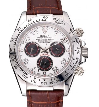 Aaa fake watches Stainless Steel Daytona Brown Dial Leather Rolex Case White Strap 0520